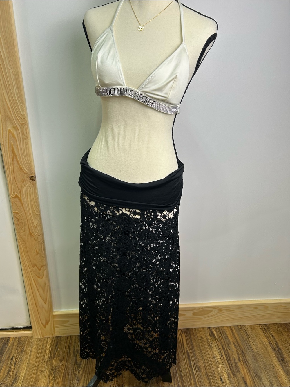 Black Crochet Midi Skirt with Fold-Over Waist
